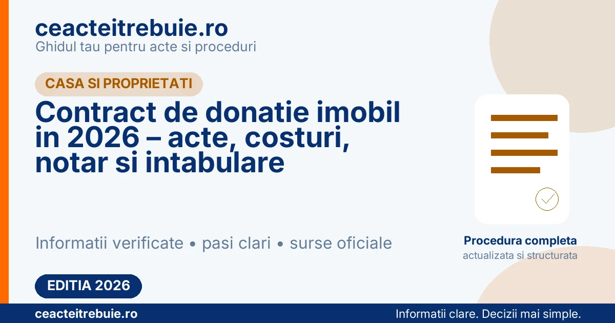 Contract de donatie imobil in 2026 – acte, costuri, notar si intabulare