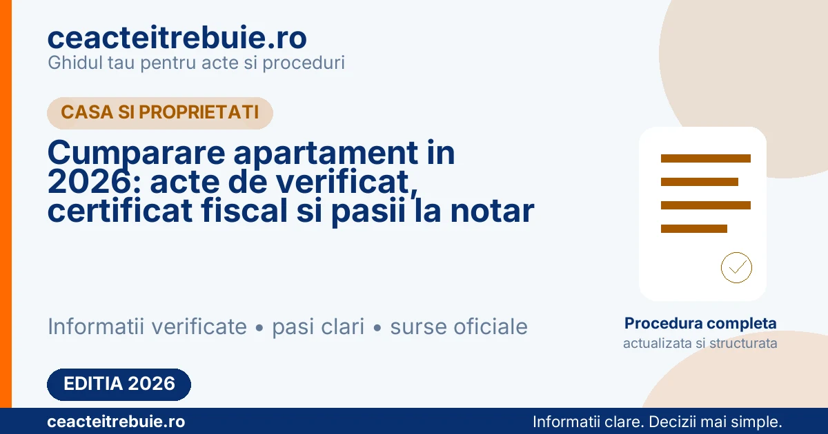 Cumparare apartament in 2026: acte de verificat, certificat fiscal si pasii la notar