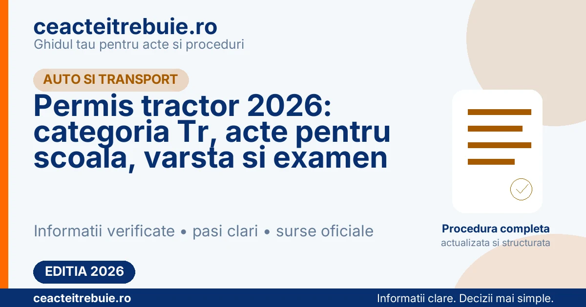 Permis tractor 2026: categoria Tr, acte pentru scoala, varsta si examen