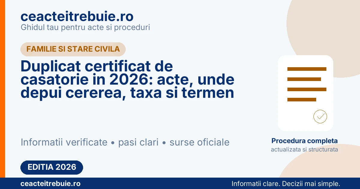 Duplicat certificat de casatorie in 2026: acte, unde depui cererea, taxa si termen