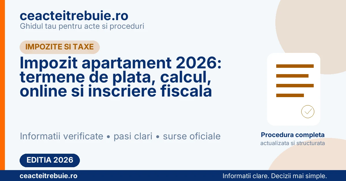 Impozit apartament 2026: termene de plata, calcul, online si inscriere fiscala