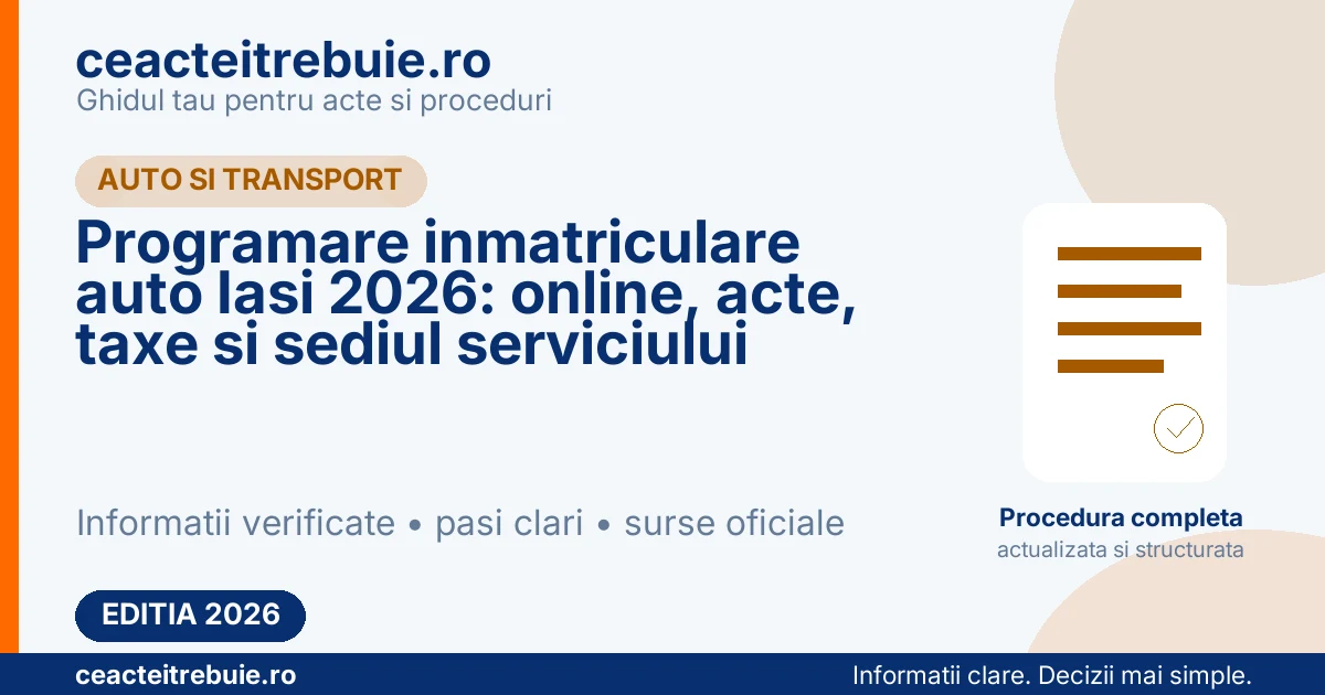 Programare inmatriculare auto Iasi 2026: online, acte, taxe si sediul serviciului