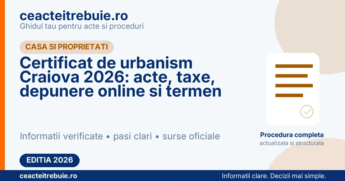 Certificat de urbanism Craiova 2026: acte, taxe, depunere online si termen
