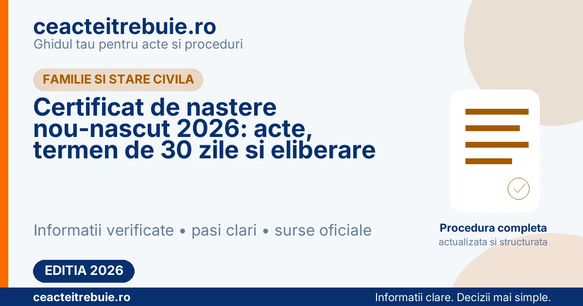 Certificat de nastere nou-nascut 2026: acte, termen de 30 zile si eliberare