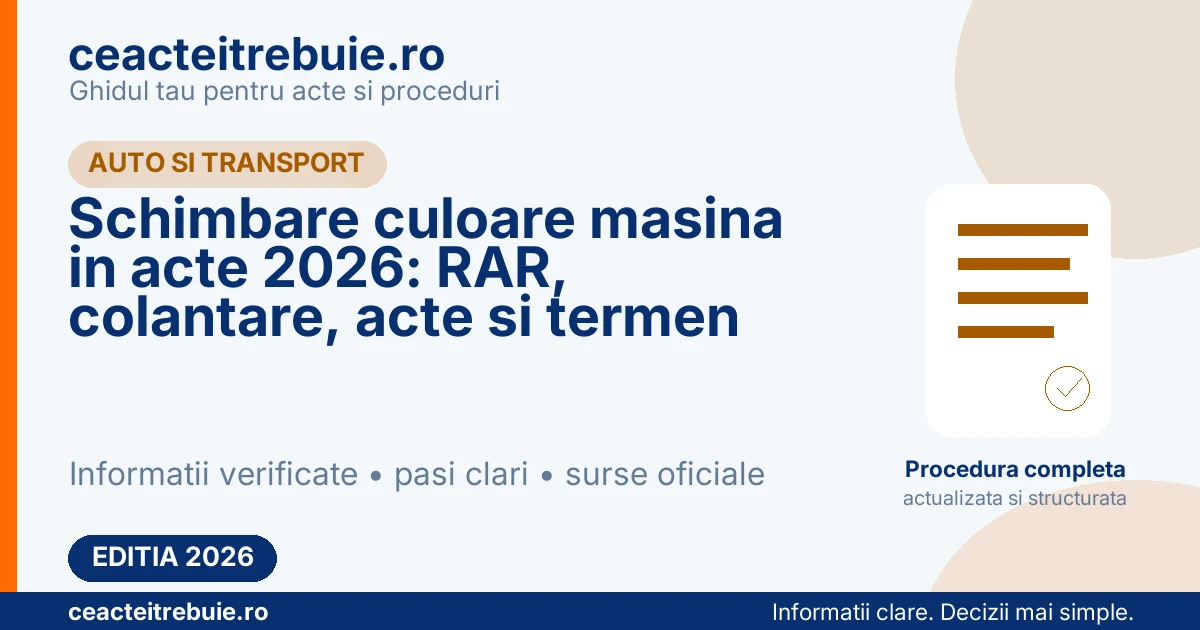 Schimbare culoare masina in acte 2026: RAR, colantare, acte si termen