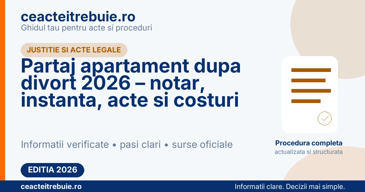 Partaj apartament dupa divort 2026 – notar, instanta, acte si costuri