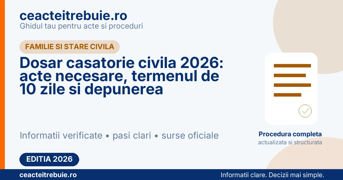 Dosar casatorie civila 2026: acte necesare, termenul de 10 zile si depunerea