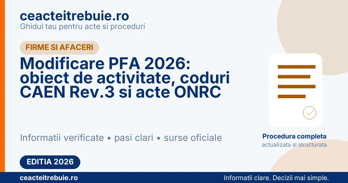 Modificare PFA 2026: obiect de activitate, coduri CAEN Rev.3 si acte ONRC