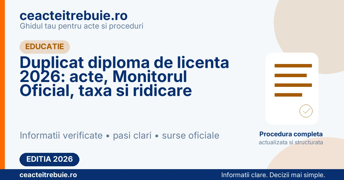 Duplicat diploma de licenta 2026: acte, Monitorul Oficial, taxa si ridicare