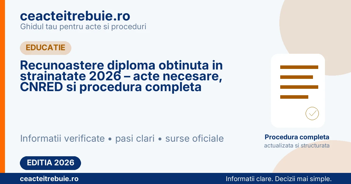 Recunoastere diploma obtinuta in strainatate 2026 – acte necesare, CNRED si procedura completa
