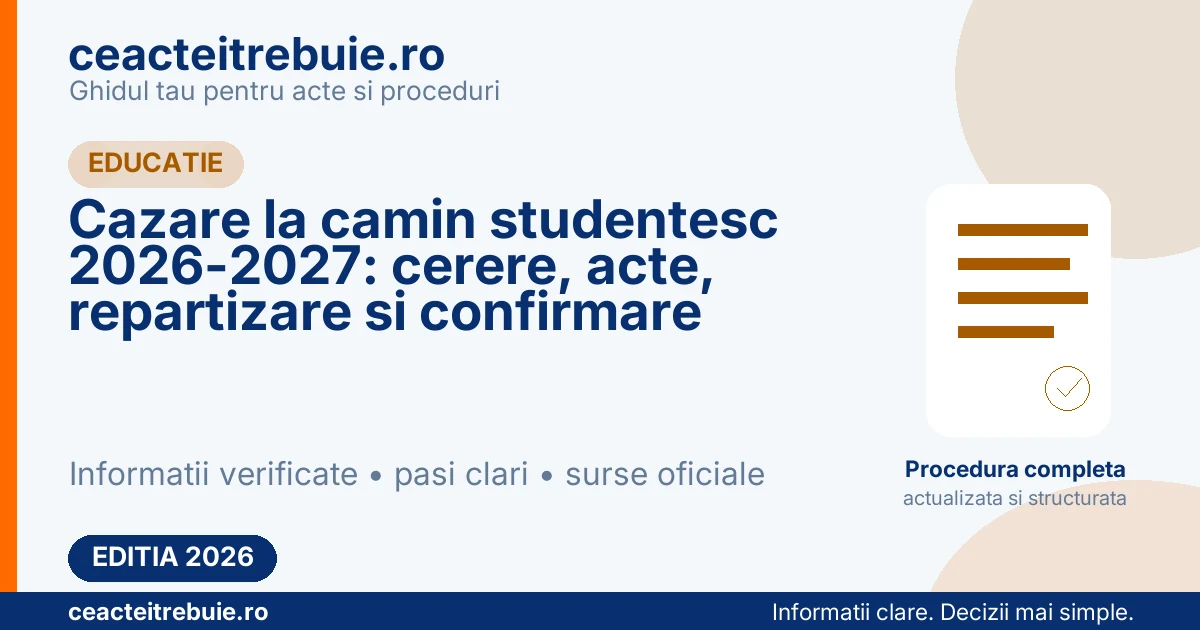 Cazare la camin studentesc 2026-2027: cerere, acte, repartizare si confirmare