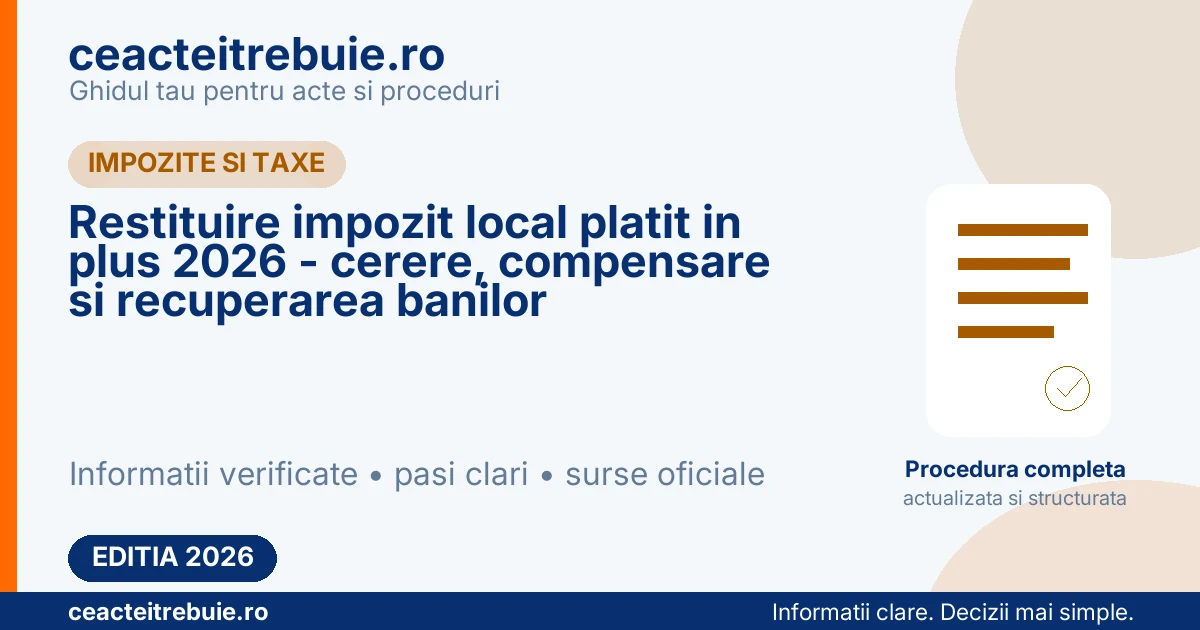 Restituire impozit local platit in plus 2026 - cerere, compensare si recuperarea banilor